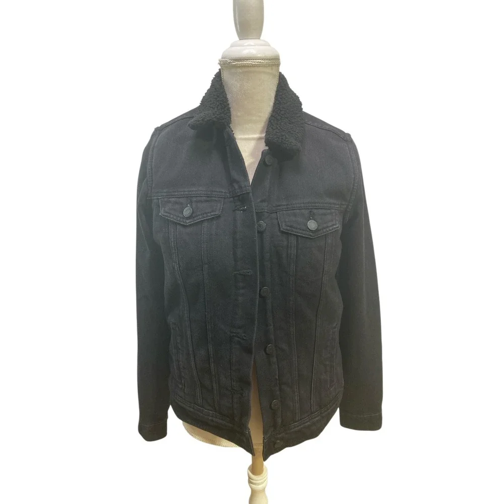 Old Navy Black Denim Jacket Sherpa Lined Tall Size S Winter Button Front